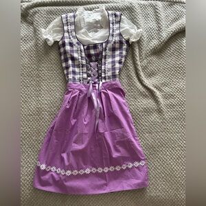 Purple and White German Dirndl Dress with Lace-Up Bodice